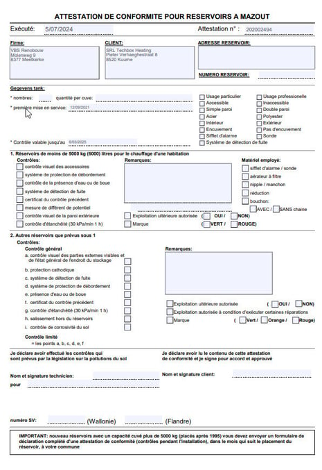 attestion conformite mazout